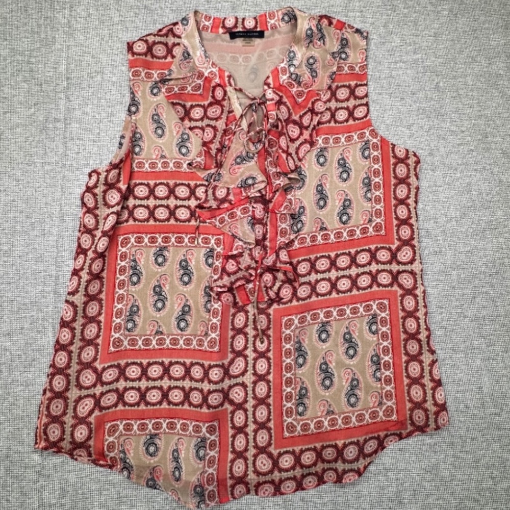 Tommy Hilfiger Salmon Paisley Sleeveless Blouse W/ Ruffle‎ Tie Womens L